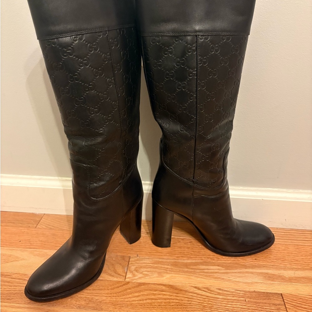 Gucci Black Embossed GG Leather Knee-High Block Heel Boots
